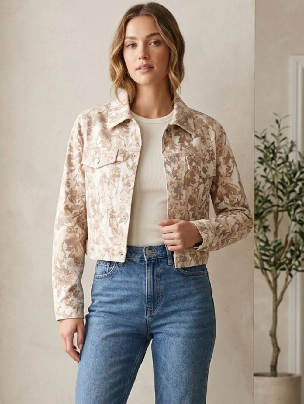 Beige Floral Cropped Jacket - Women's Lightweight Coat L